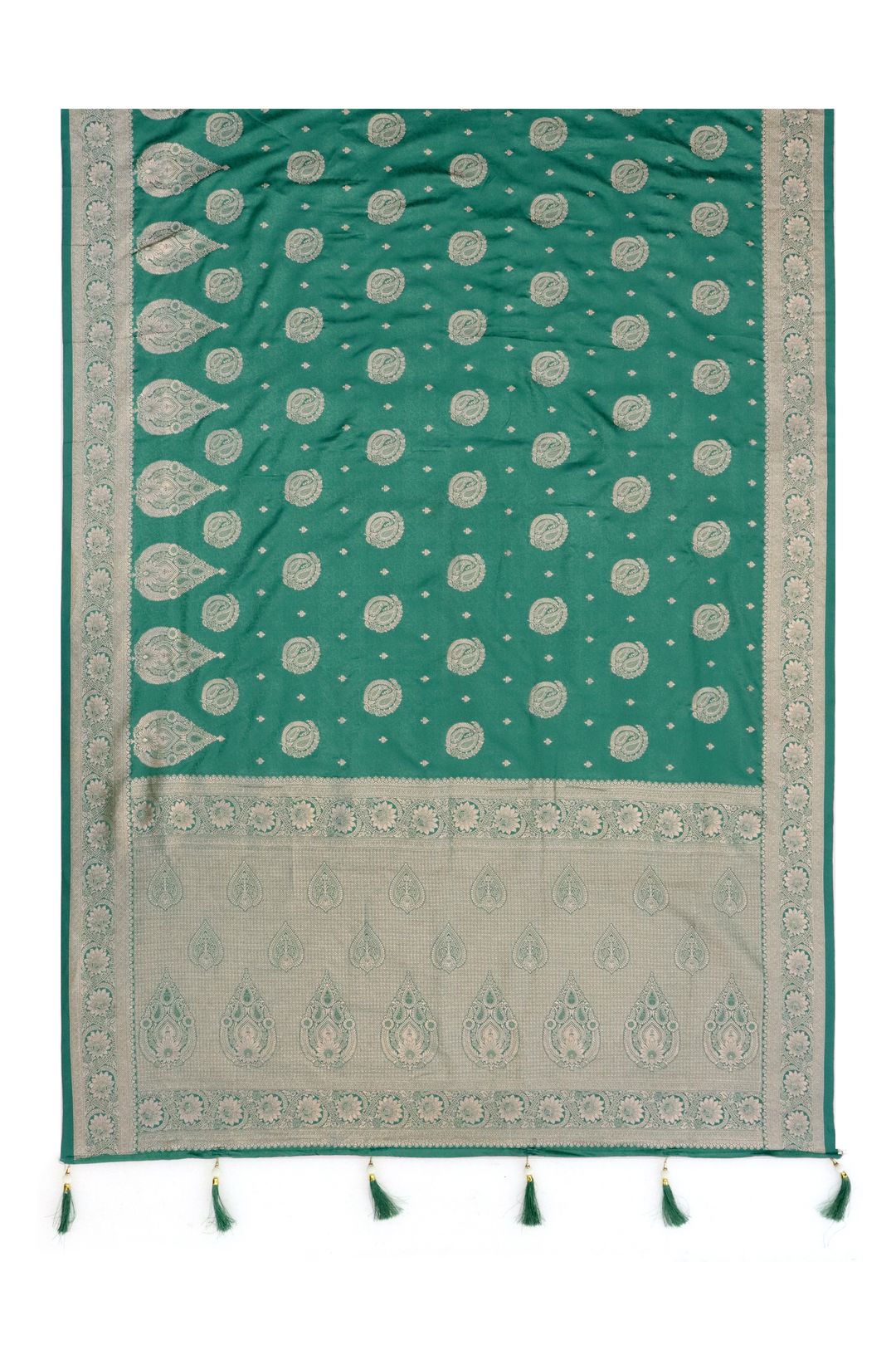 Teal Green Satin Silk Saree with Golden Paisley Jacquard Border