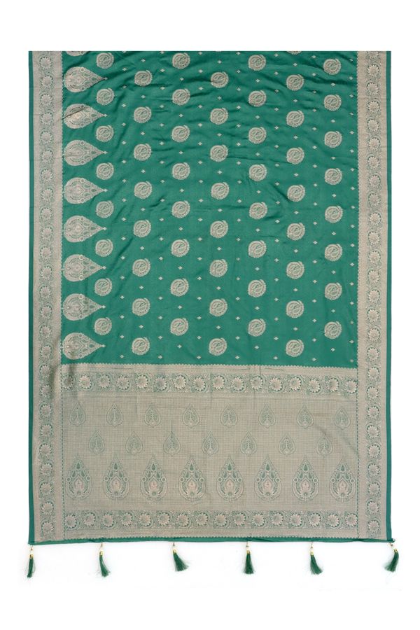 Teal Green Satin Silk Saree with Golden Paisley Jacquard Border
