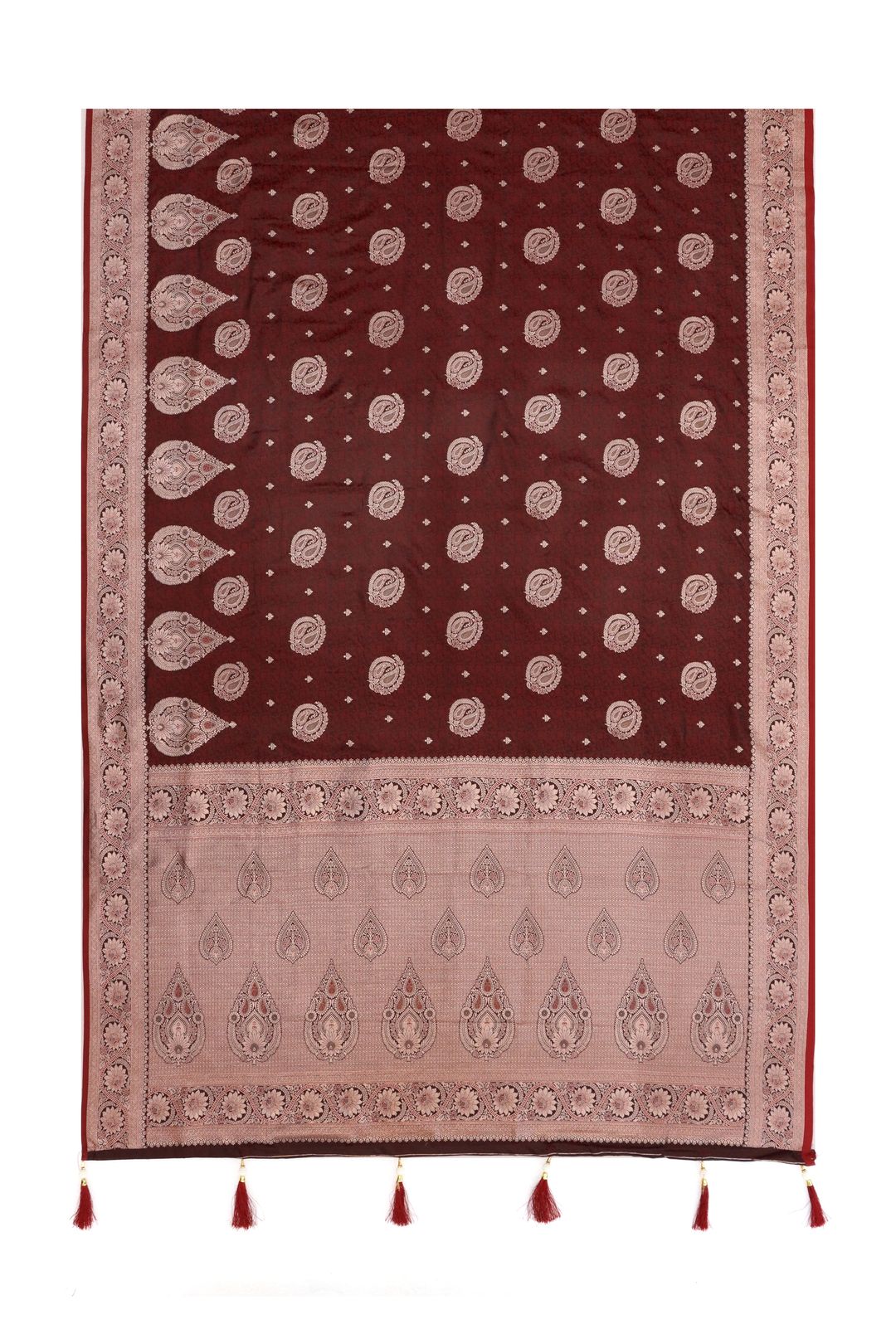 Maroon Satin Silk Saree with Golden Jacquard Paisley Weave