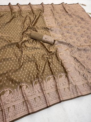 Antique Gold Zari Woven Satin Silk Saree Online