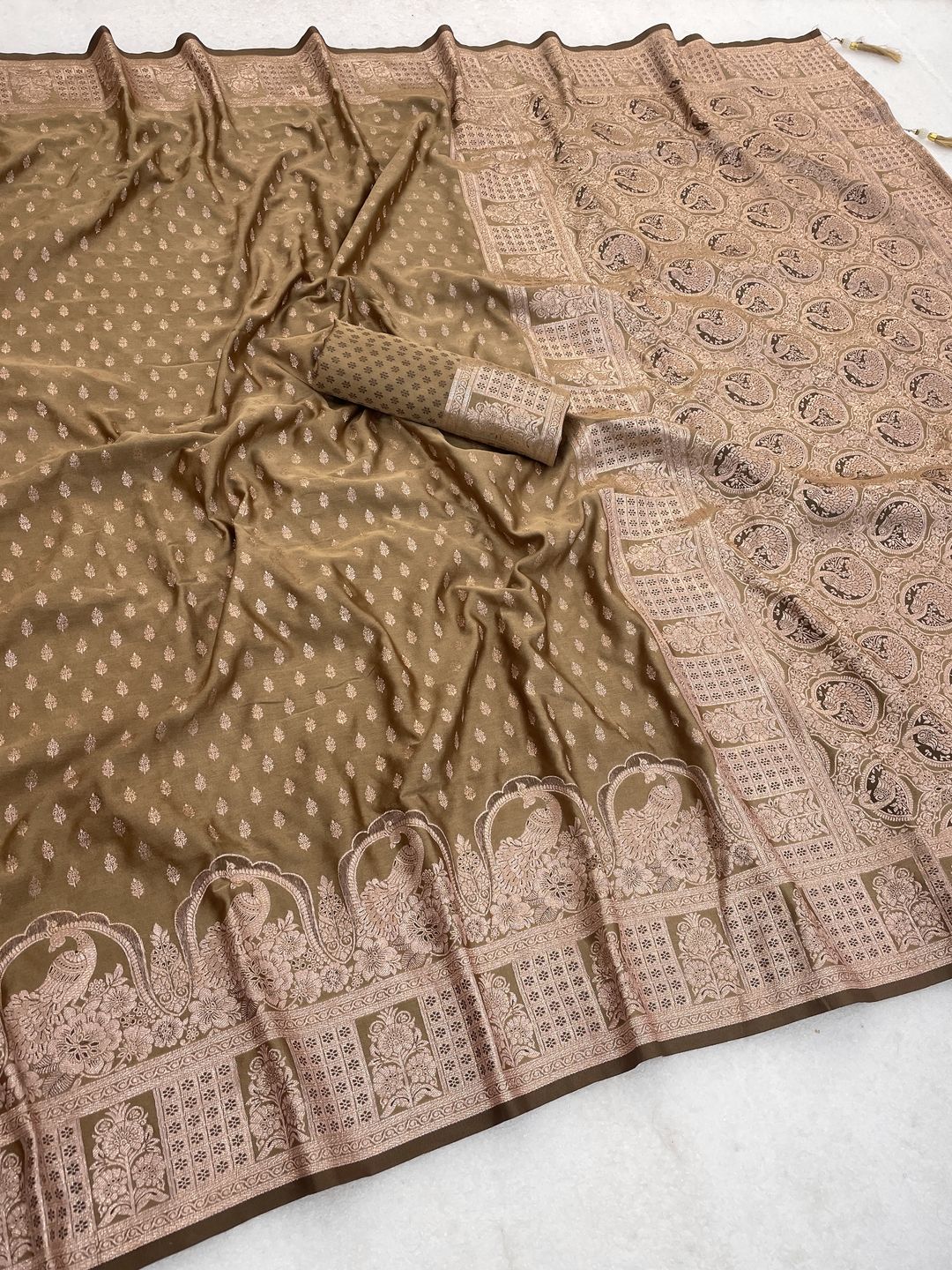 Antique Gold Zari Woven Satin Silk Saree Online