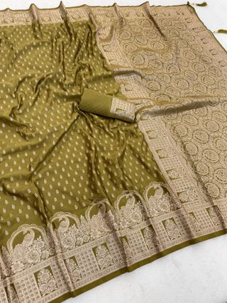 Olive Gold Zari Satin Silk Saree Online for Women