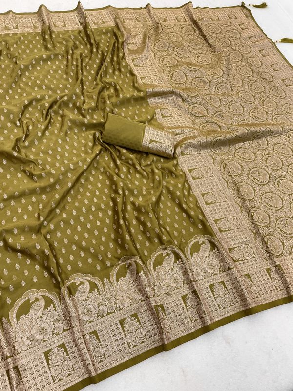 Olive Gold Zari Satin Silk Saree Online for Women