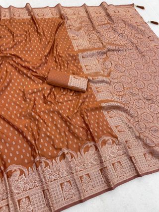 Rust Orange Zari Satin Silk Saree with Jacquard Border