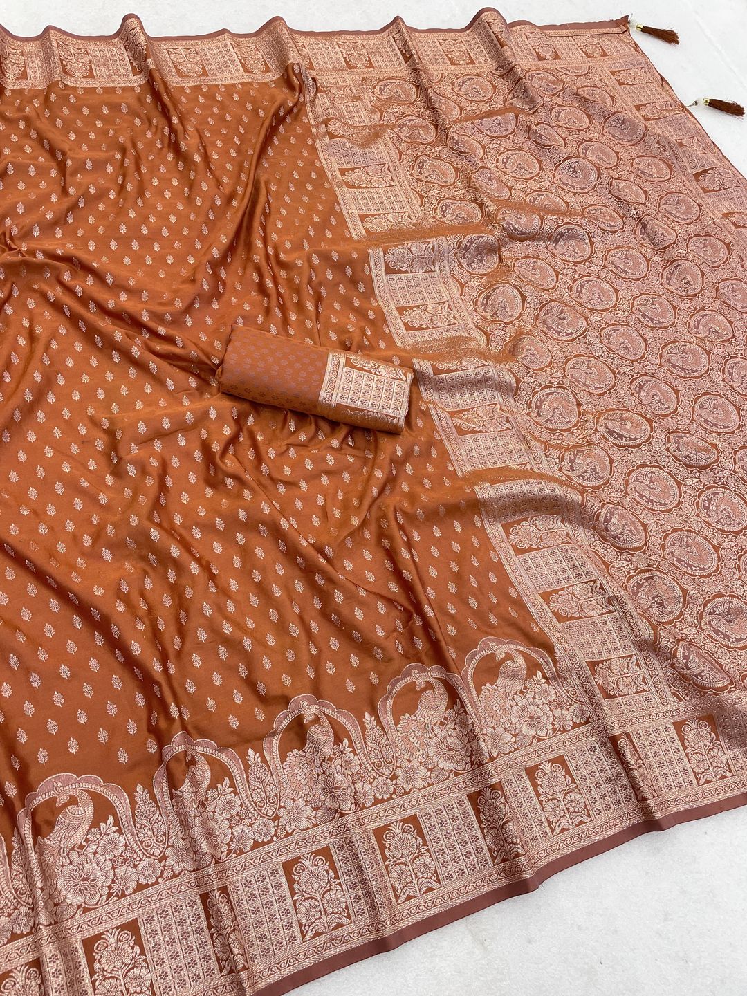Rust Orange Zari Satin Silk Saree with Jacquard Border