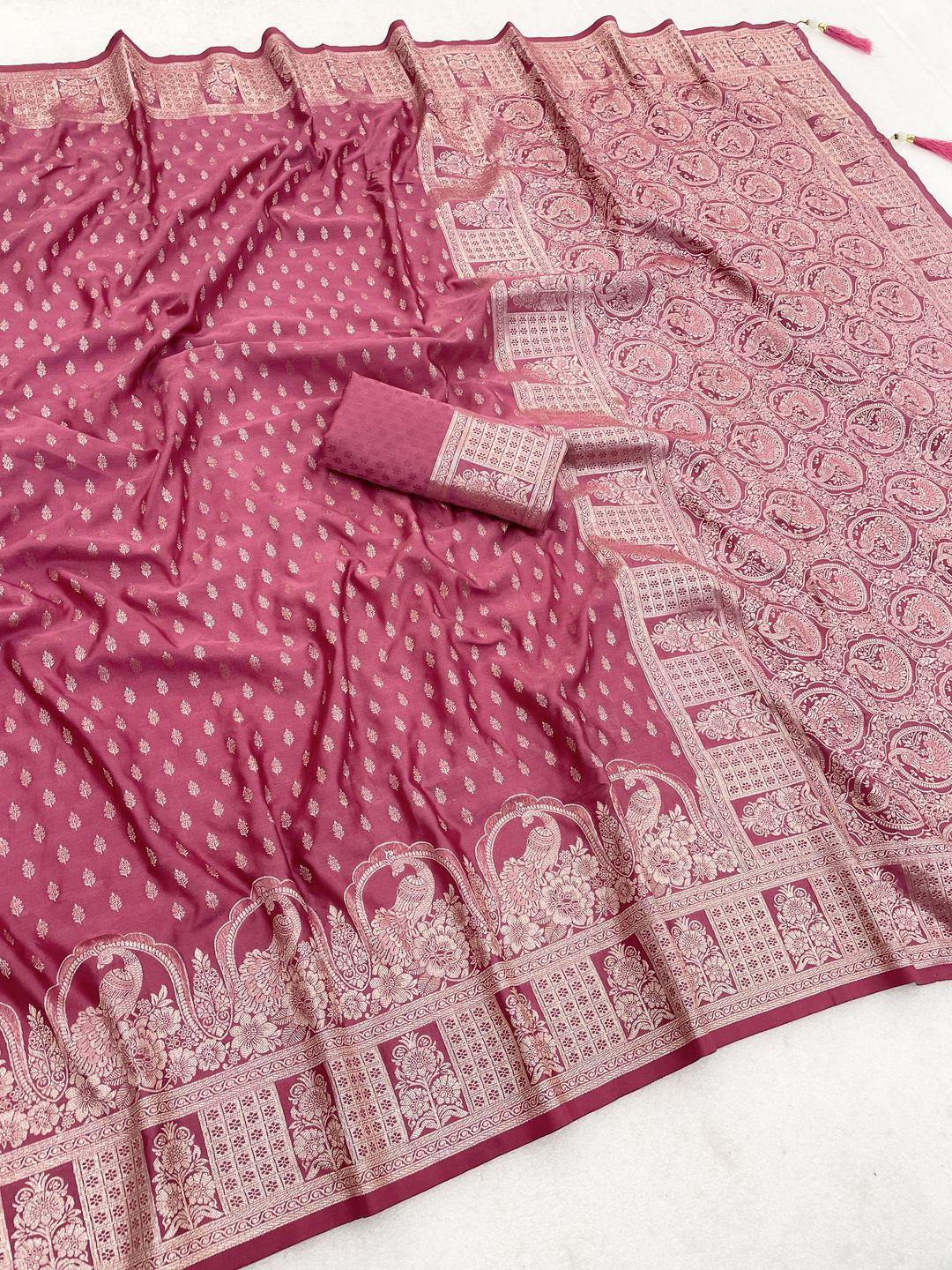 Varnavi Pink Satin Silk Saree with Zari Paisley Weaving