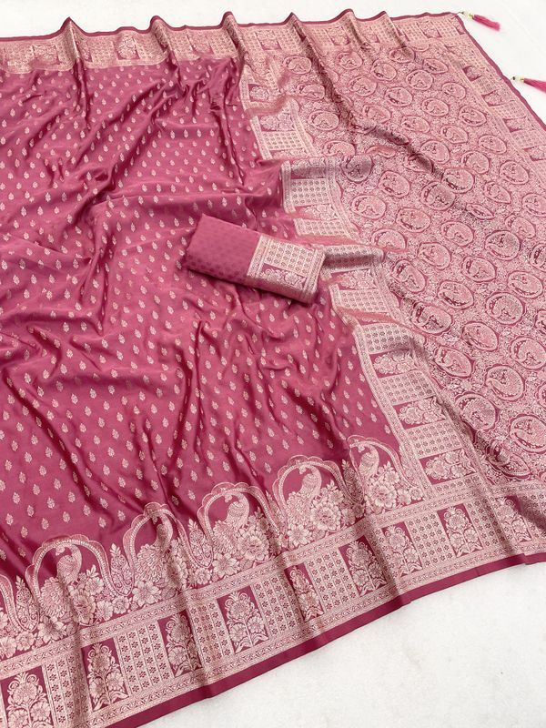Varnavi Pink Satin Silk Saree with Zari Paisley Weaving