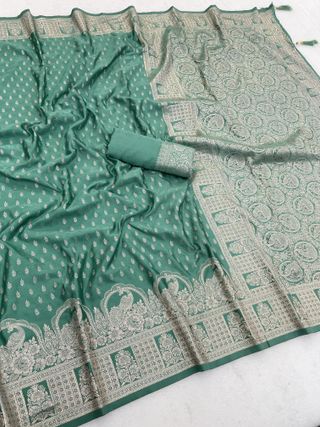 Green Satin Silk Saree with Ornate Zari Paisley Border