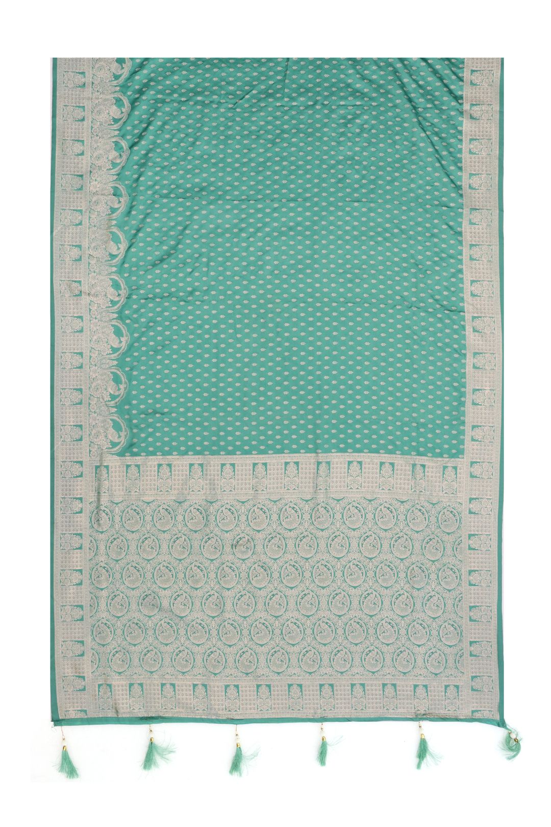 Green Satin Silk Saree with Ornate Zari Paisley Border