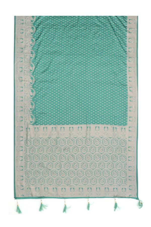 Green Satin Silk Saree with Ornate Zari Paisley Border