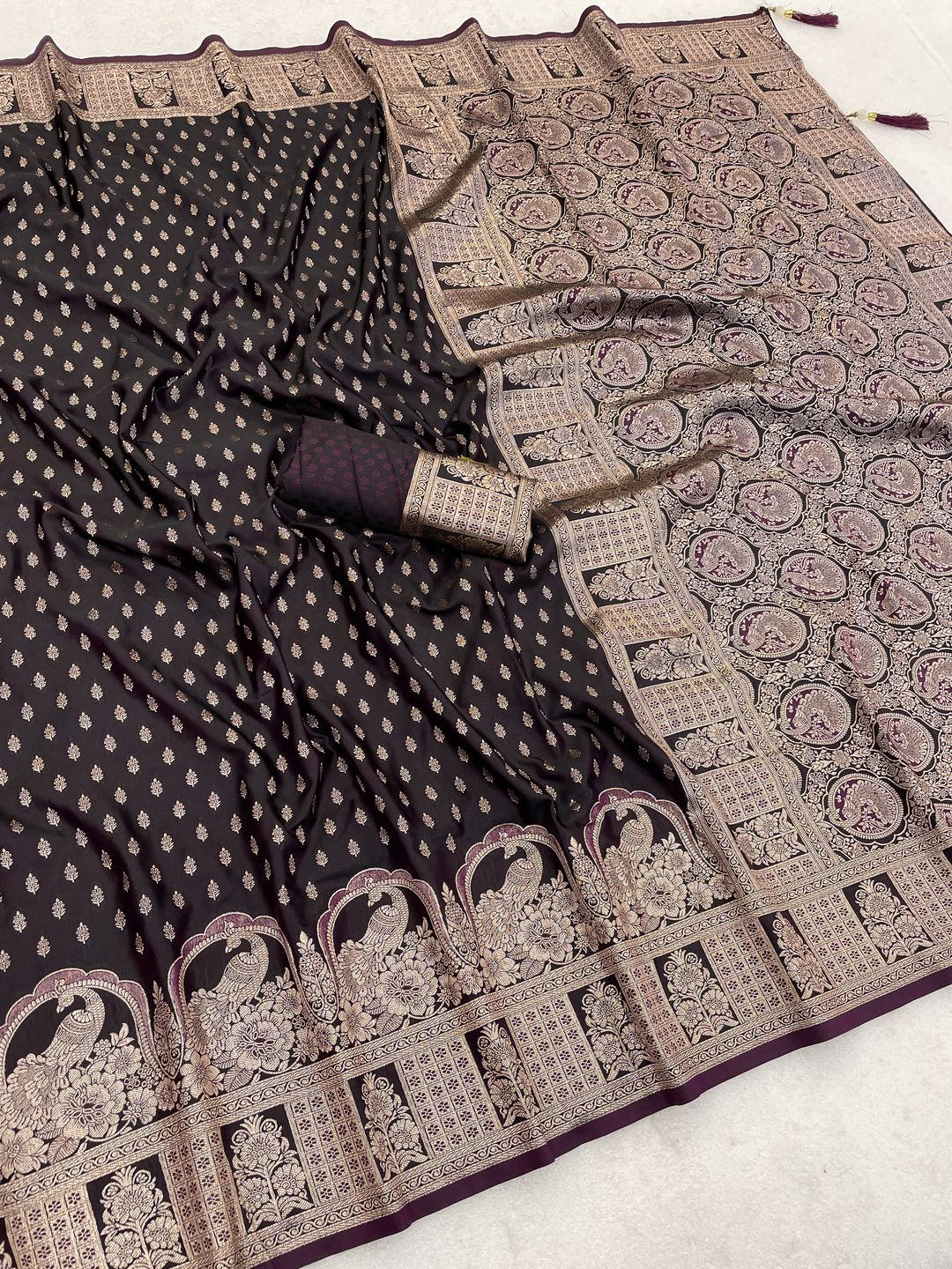 Dark Wine Satin Silk Saree with Paisley Zari Border