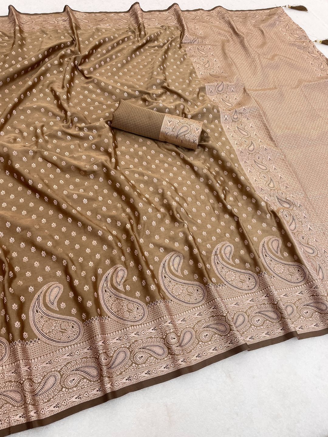 Mocha Brown Satin Silk Saree with Paisley Zari Border