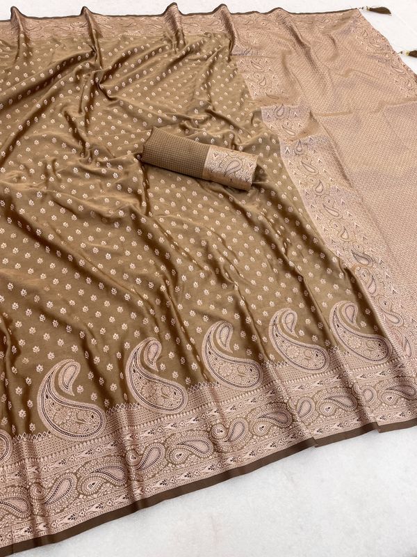 Mocha Brown Satin Silk Saree with Paisley Zari Border