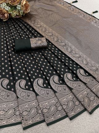 Dark Bottle Green Satin Silk Saree with Paisley Zari Border