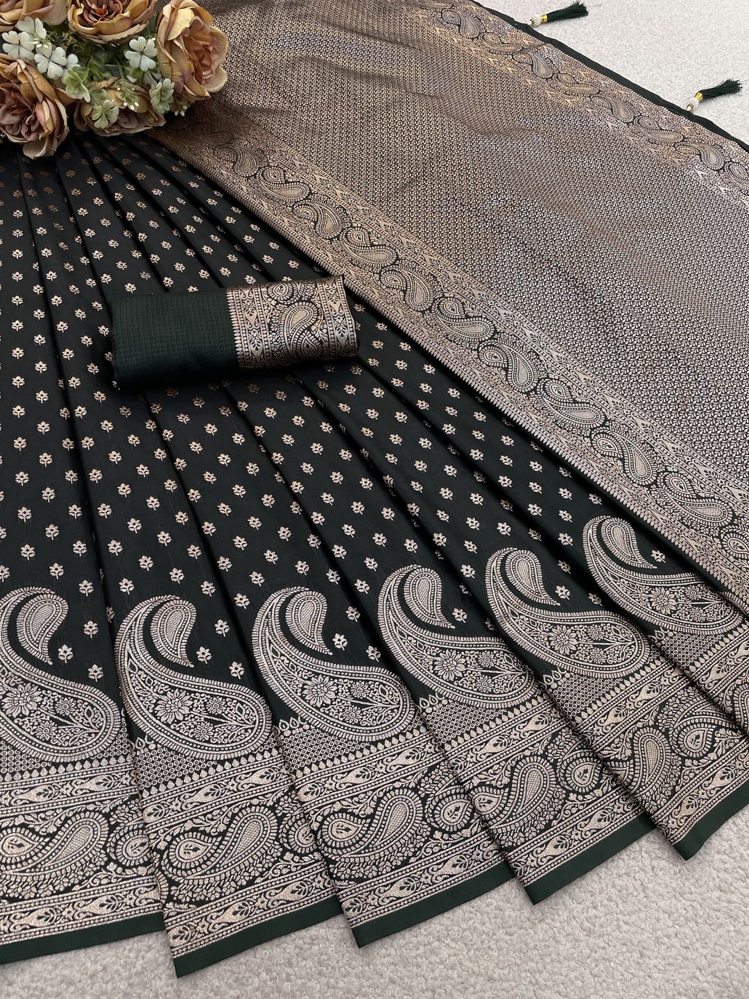 Dark Bottle Green Satin Silk Saree with Paisley Zari Border