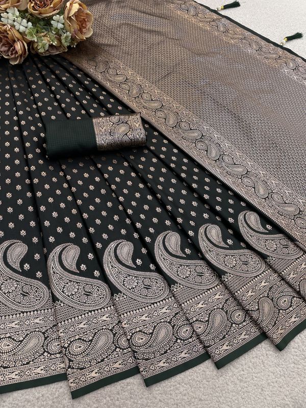 Dark Bottle Green Satin Silk Saree with Paisley Zari Border