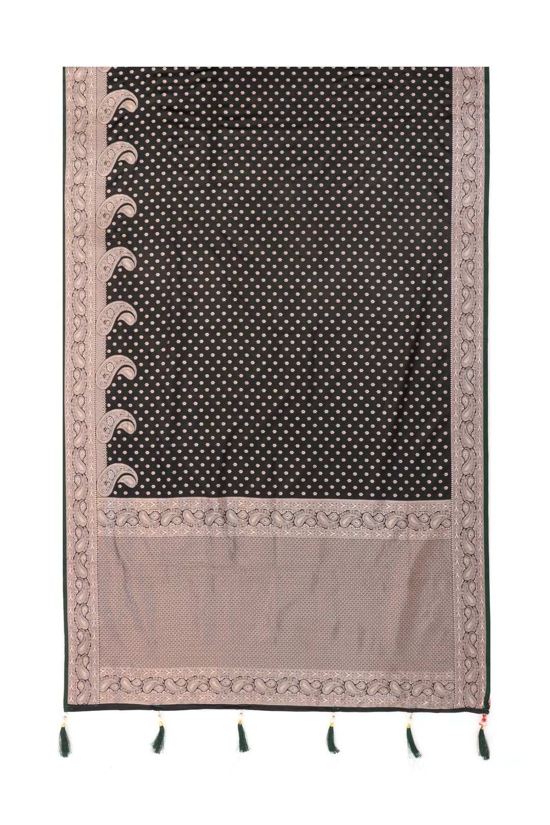 Dark Bottle Green Satin Silk Saree with Paisley Zari Border