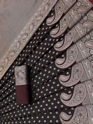 Varnavi Maroon Satin Silk Saree with Zari Paisley Border