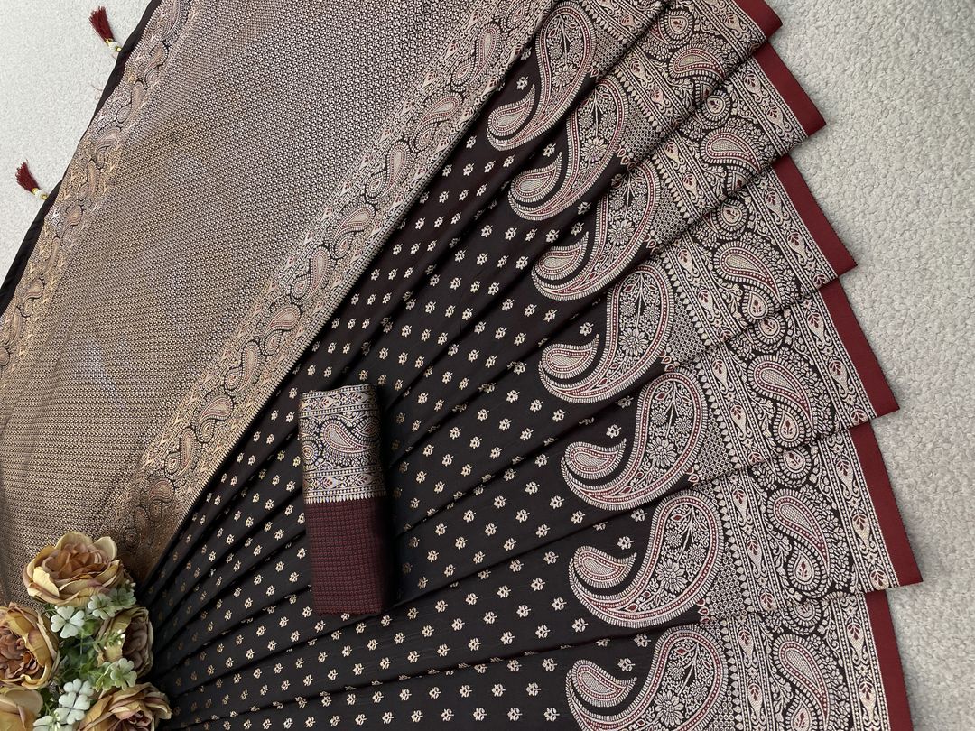 Varnavi Maroon Satin Silk Saree with Zari Paisley Border