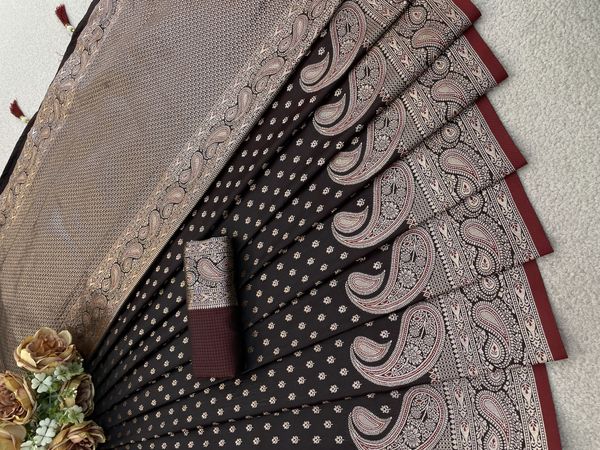 Varnavi Maroon Satin Silk Saree with Zari Paisley Border