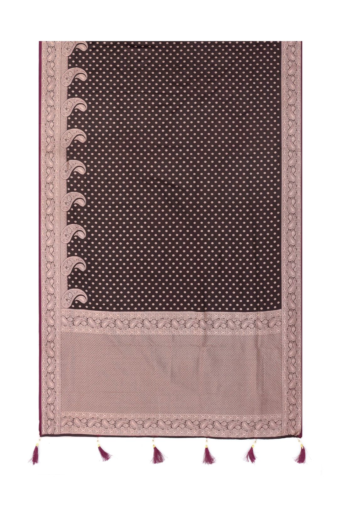 Varnavi Maroon Satin Silk Saree with Zari Paisley Border