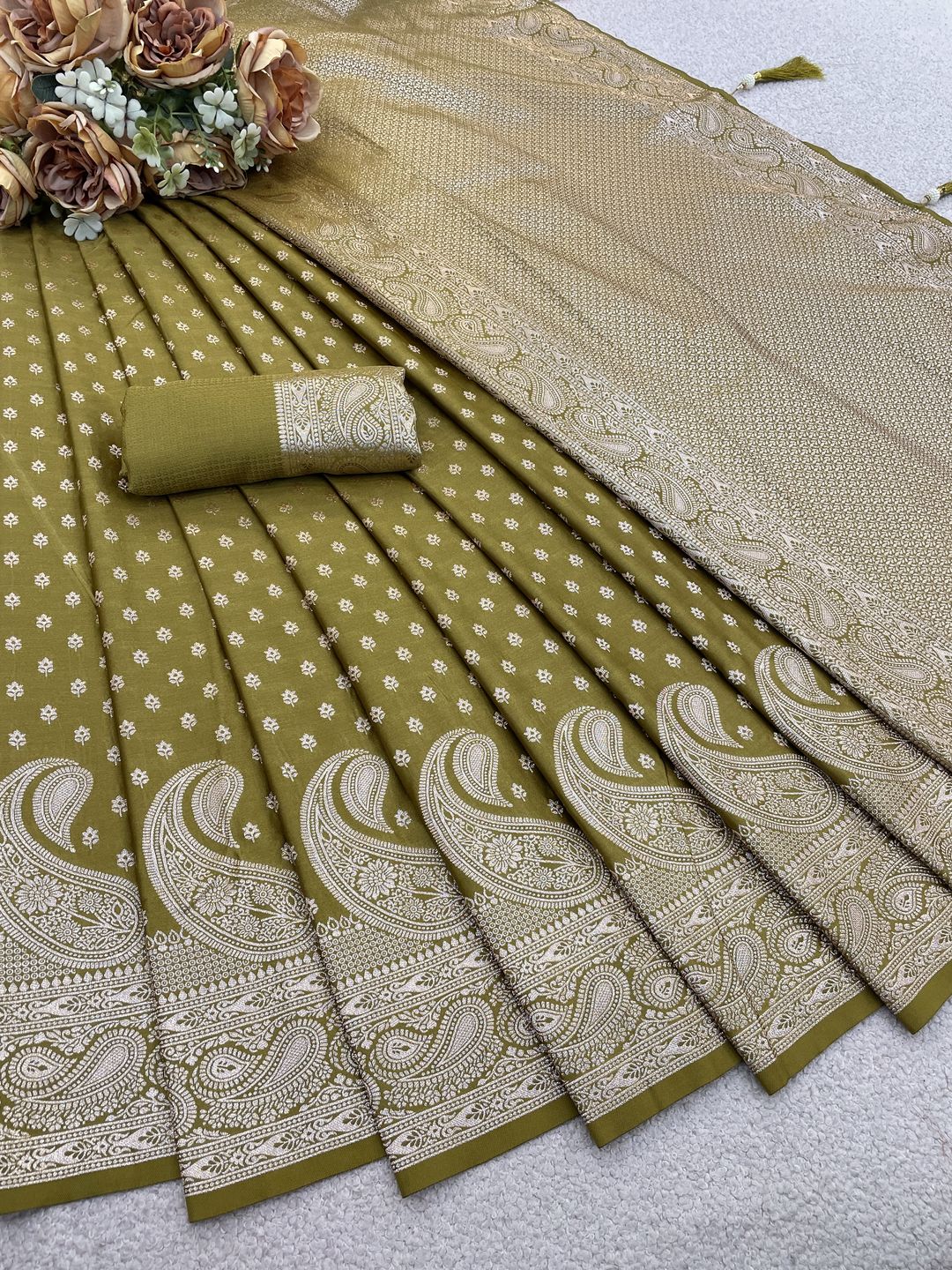 Varnavi Mehndi Green Satin Silk Saree with Golden Zari Paisley Work