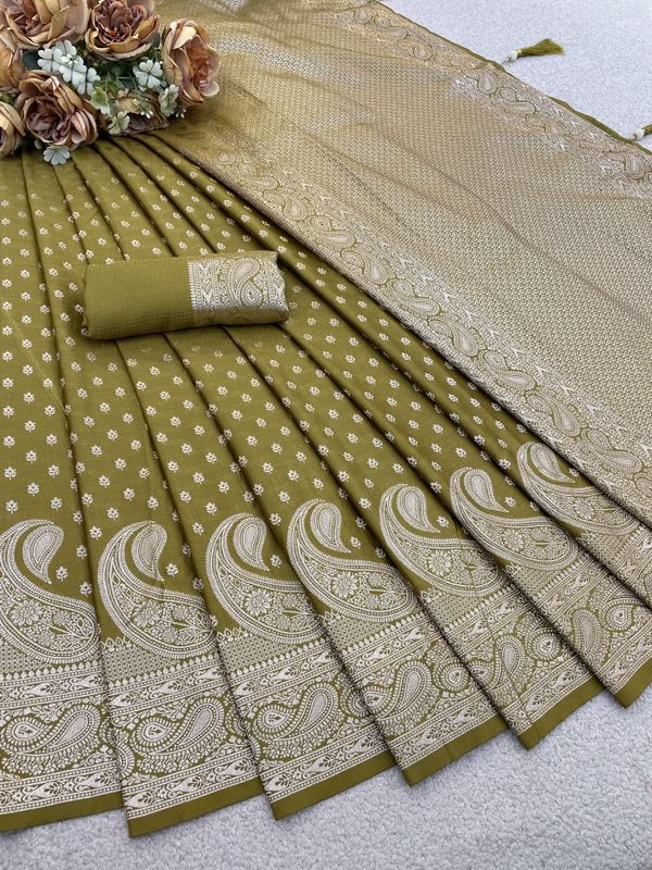 Varnavi Mehndi Green Satin Silk Saree with Golden Zari Paisley Work