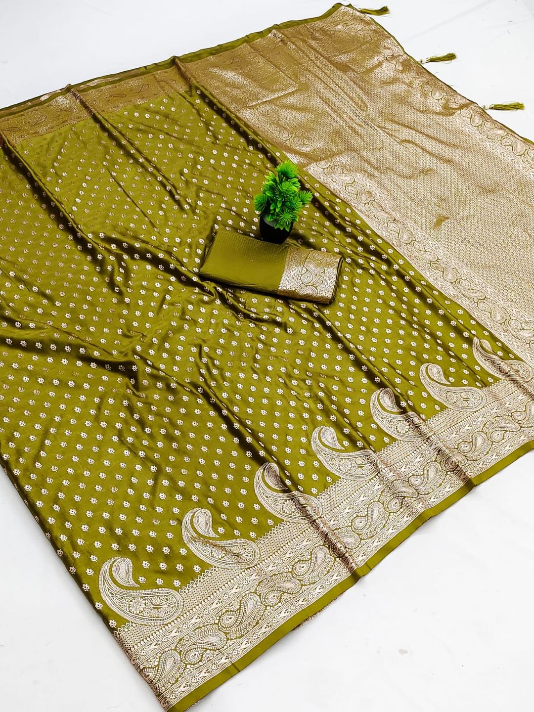 Varnavi Mehndi Green Satin Silk Saree with Golden Zari Paisley Work