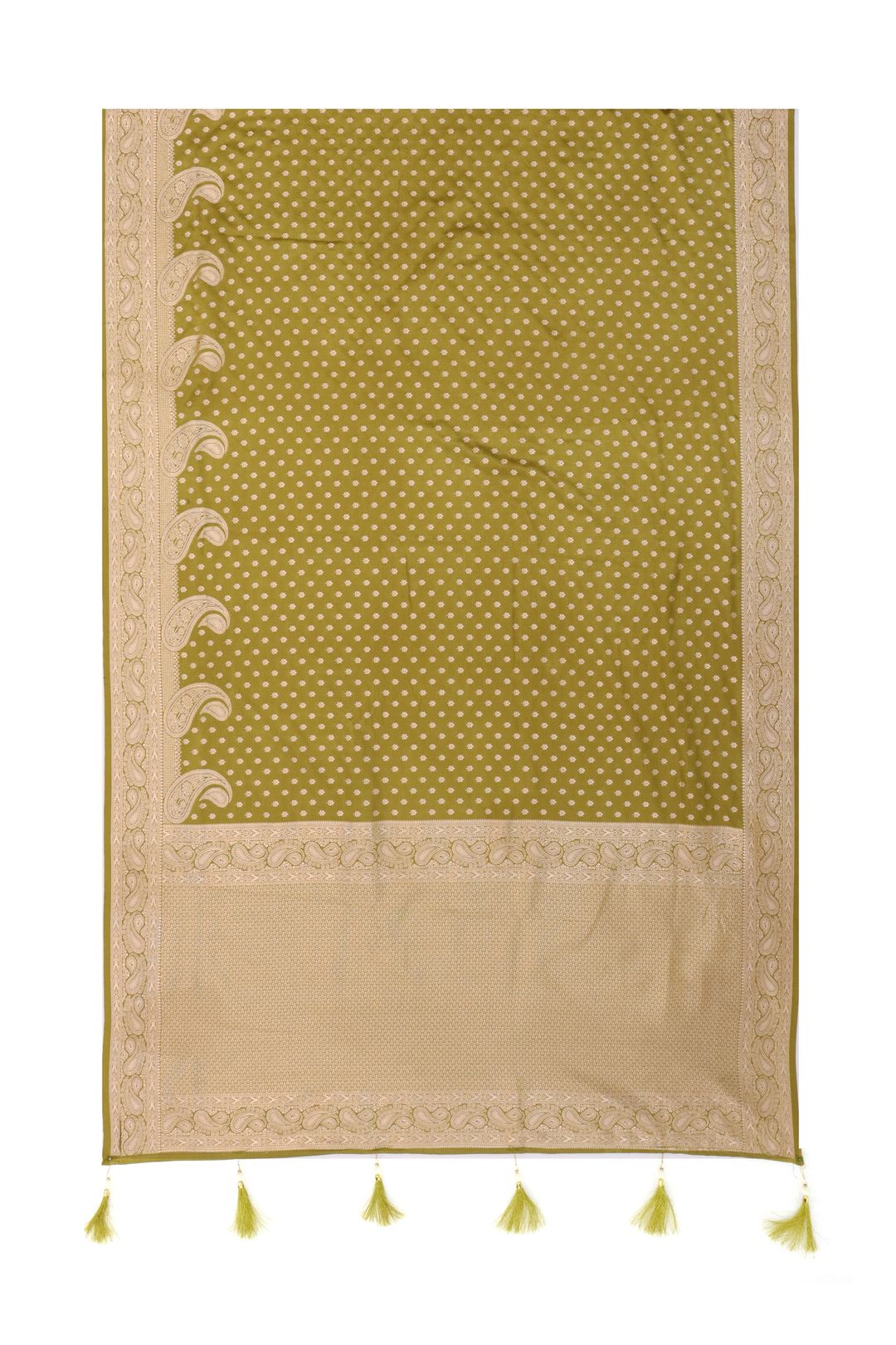 Varnavi Mehndi Green Satin Silk Saree with Golden Zari Paisley Work