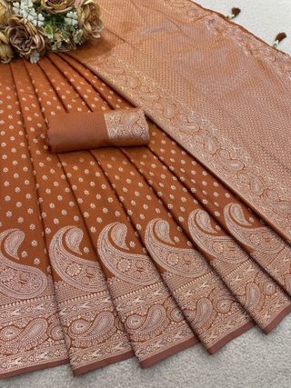 Varnavi Rust Orange Satin Silk Saree with Golden Zari Paisley Border
