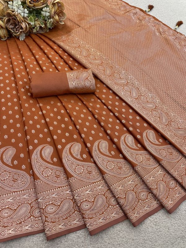 Varnavi Rust Orange Satin Silk Saree with Golden Zari Paisley Border