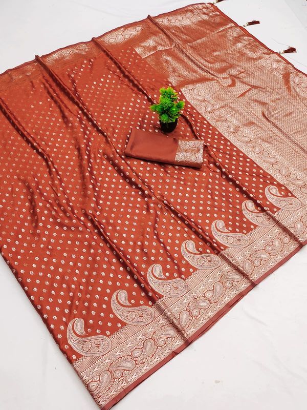 Varnavi Rust Orange Satin Silk Saree with Golden Zari Paisley Border