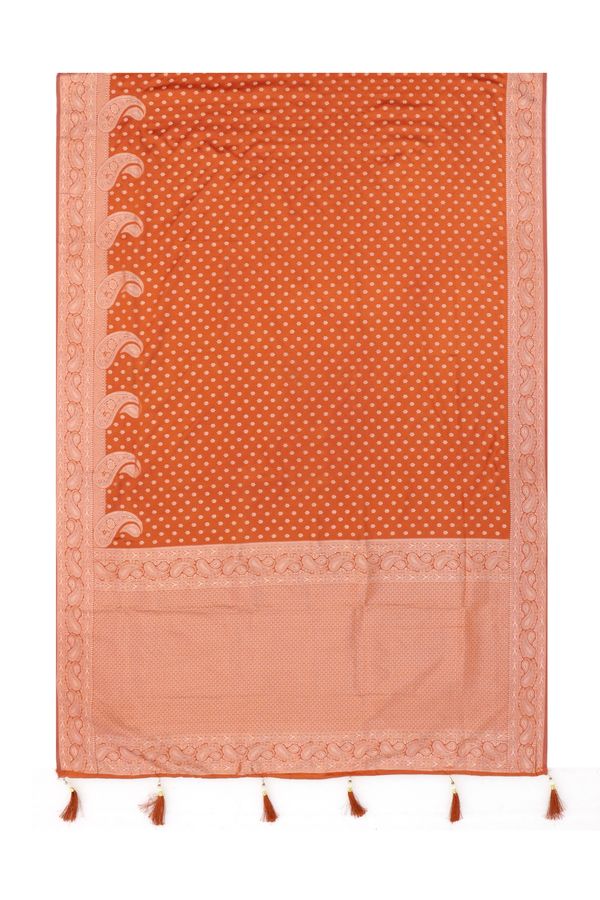 Varnavi Rust Orange Satin Silk Saree with Golden Zari Paisley Border