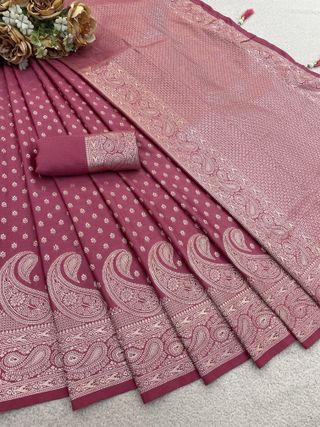 Varnavi Dusty Rose Pink Satin Silk Saree with Zari Paisley Border