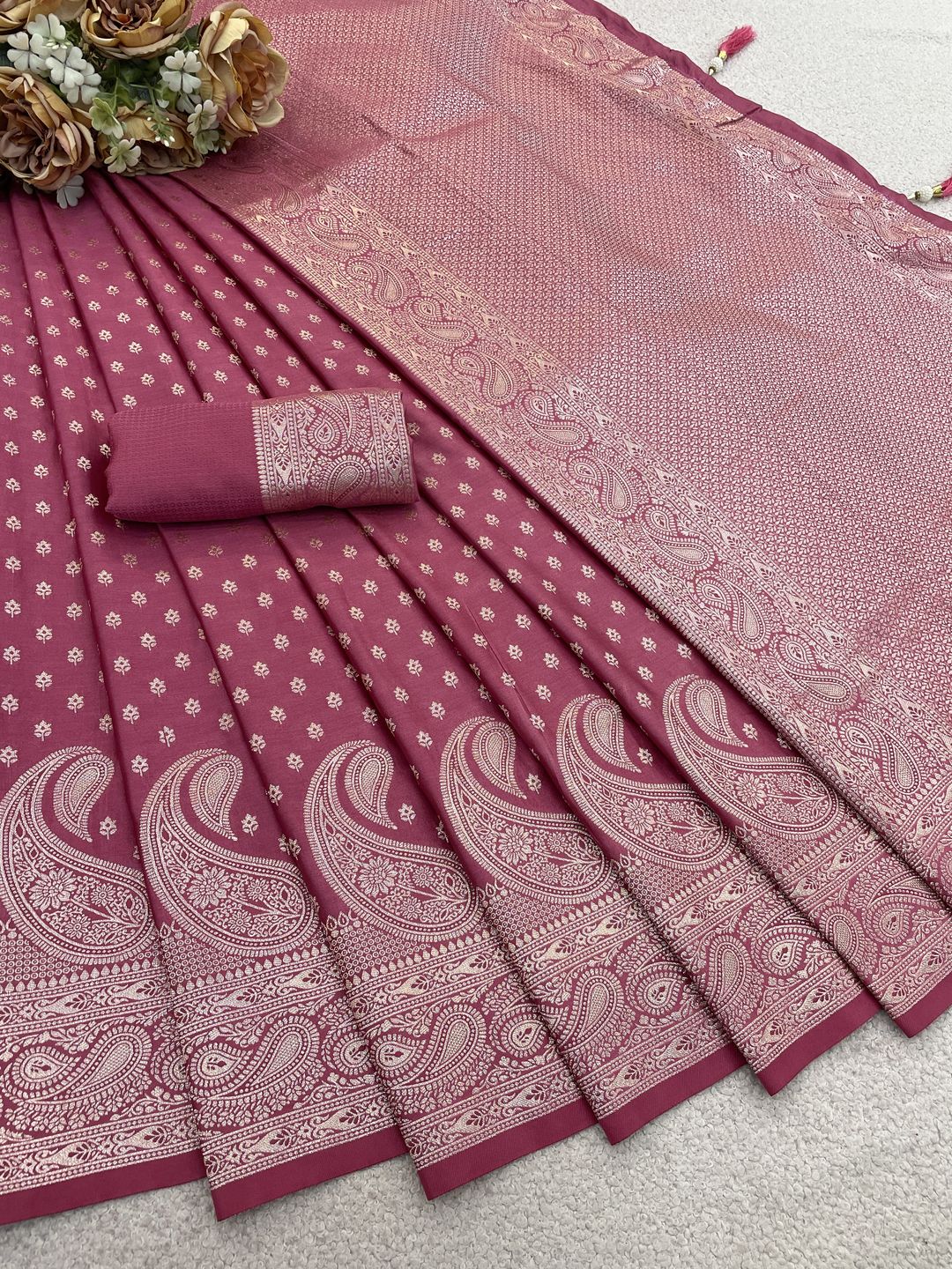 Varnavi Dusty Rose Pink Satin Silk Saree with Zari Paisley Border