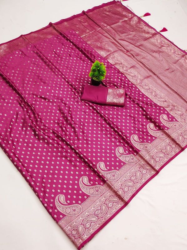 Varnavi Dusty Rose Pink Satin Silk Saree with Zari Paisley Border