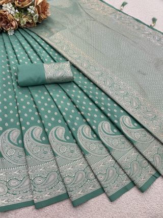 Varnavi Rama Green Satin Silk Saree with Golden Zari Paisley Border