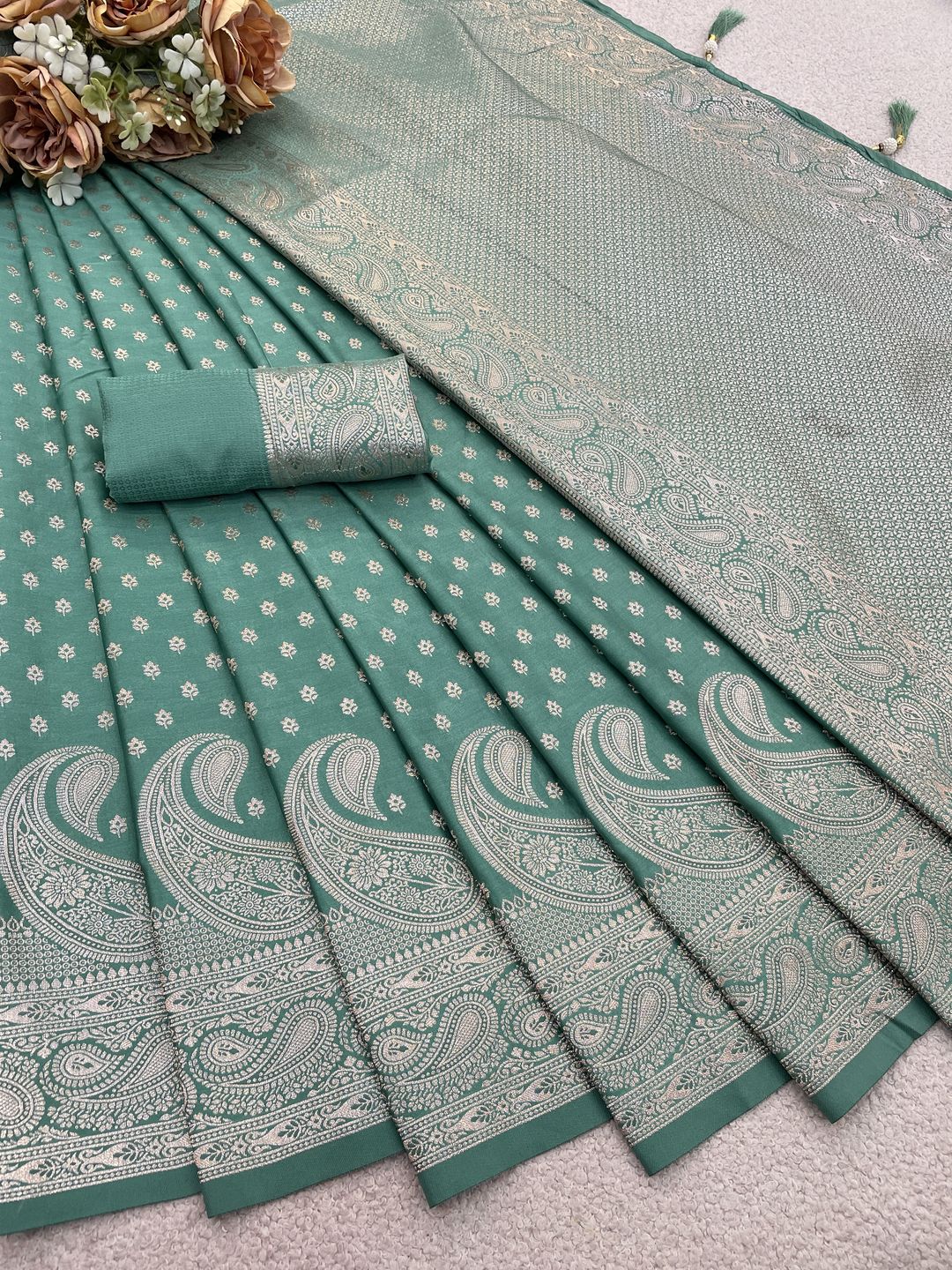 Varnavi Rama Green Satin Silk Saree with Golden Zari Paisley Border