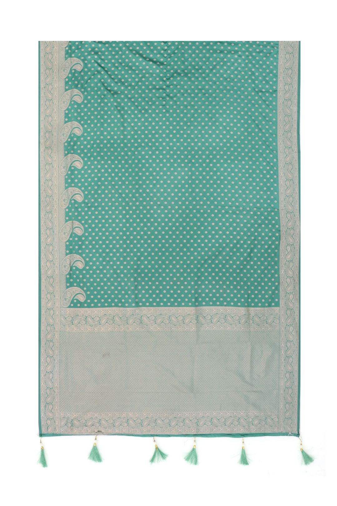 Varnavi Rama Green Satin Silk Saree with Golden Zari Paisley Border