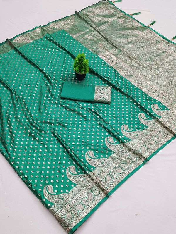 Varnavi Rama Green Satin Silk Saree with Golden Zari Paisley Border