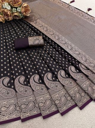 Varnavi Black Satin Silk Saree with Wine Zari Paisley Border
