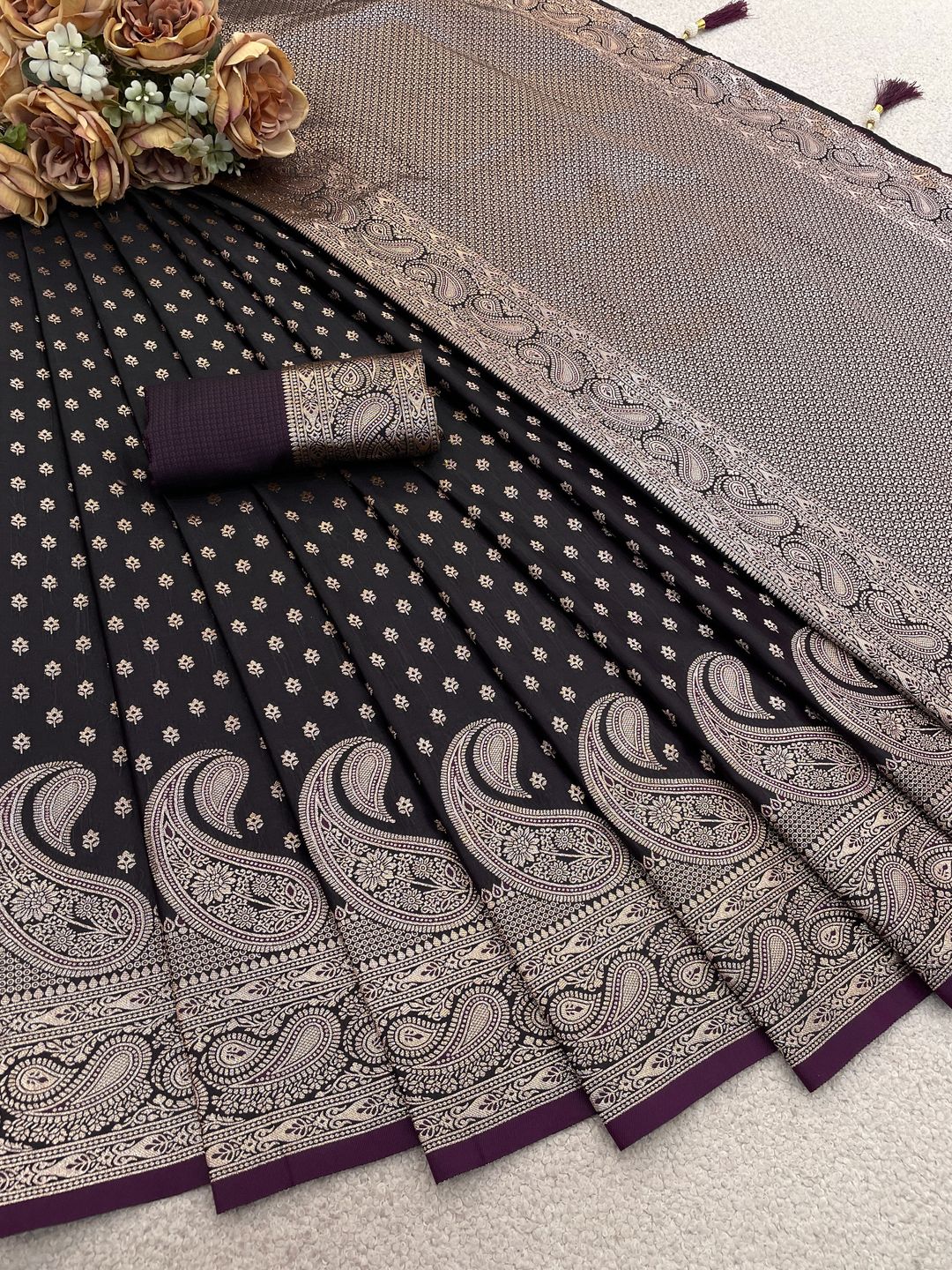 Varnavi Black Satin Silk Saree with Wine Zari Paisley Border