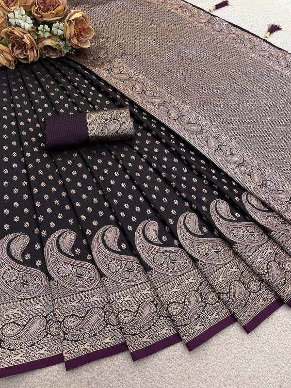 Varnavi Black Satin Silk Saree with Wine Zari Paisley Border