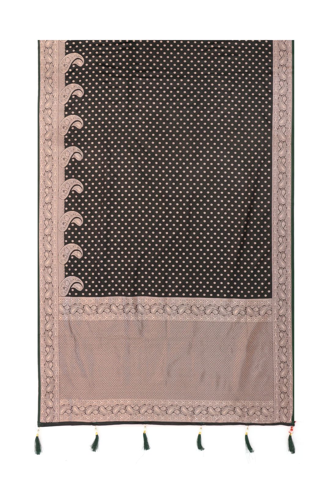 Varnavi Black Satin Silk Saree with Wine Zari Paisley Border