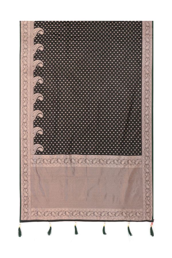 Varnavi Black Satin Silk Saree with Wine Zari Paisley Border