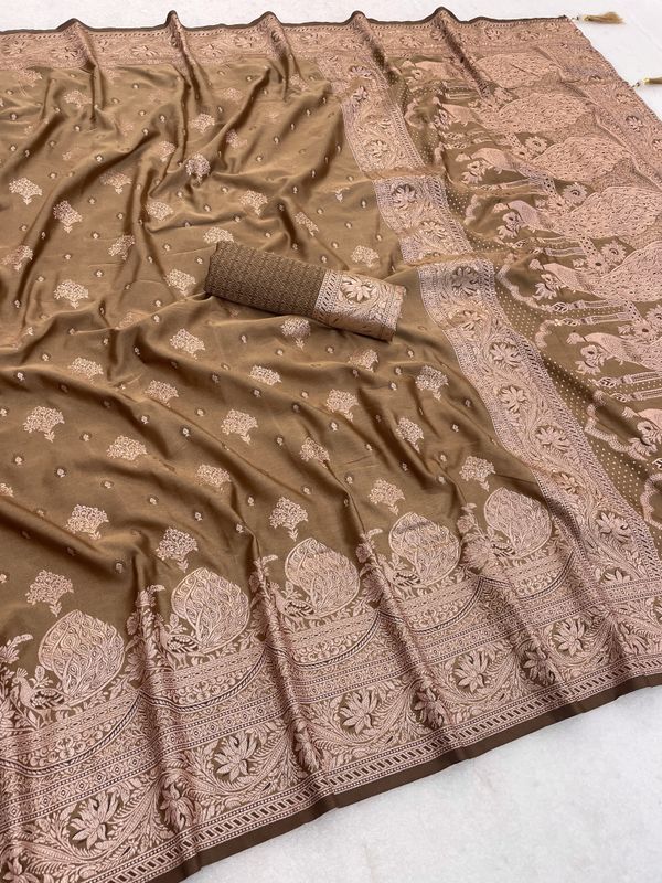 Varnavi Mocha Brown Satin Silk Saree with Rose Gold Floral Border