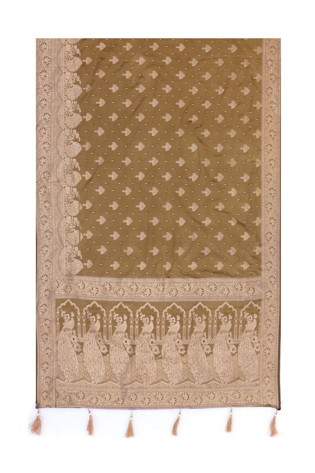 Varnavi Mocha Brown Satin Silk Saree with Rose Gold Floral Border