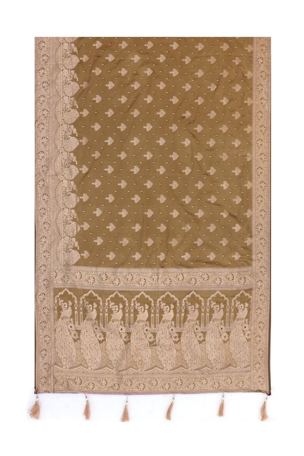 Varnavi Mocha Brown Satin Silk Saree with Rose Gold Floral Border