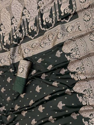 Dark Green Satin Silk Saree with Antique Gold Zari Work