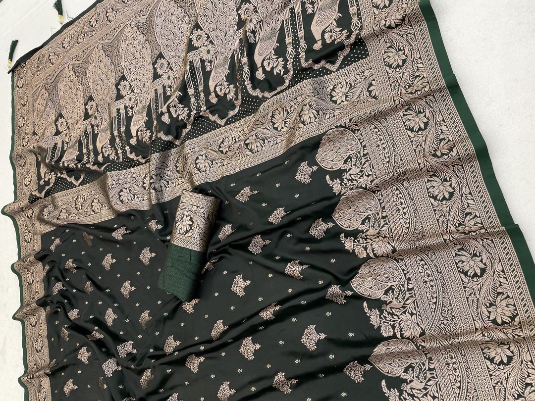 Dark Green Satin Silk Saree with Antique Gold Zari Work